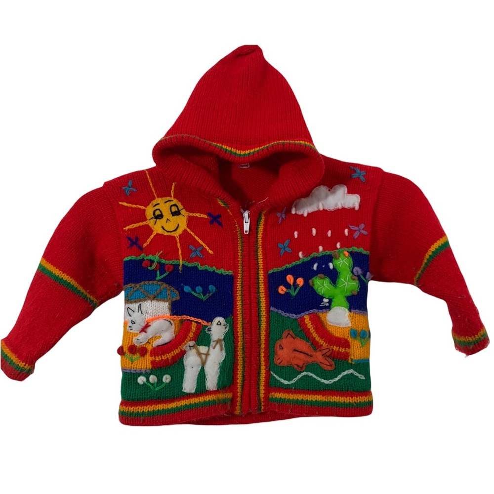 Beautiful Artsy Handmade hooded red sweater 18 months
